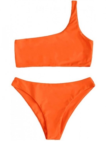 Sets Women's Sexy Bathing Suits One Shoulder Tie Knot Front Bikini Swimsuit - Orange-1 - C6196R6N89R $43.73