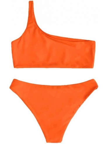 Sets Women's Sexy Bathing Suits One Shoulder Tie Knot Front Bikini Swimsuit - Orange-1 - C6196R6N89R $20.09