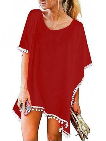 Cover-Ups Women Chiffon Tassel Swimsuit Bikini Stylish Beach Cover up - Wine Red - C618TI5D6T3 $38.36