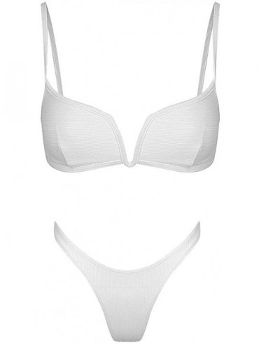 Sets Women V Neck Full Coverage Edges and Corners Ruced Top Triangle Bikini Set High Cut Thong Two Piece Swimsuits White - C2...