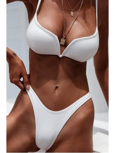 Sets Women V Neck Full Coverage Edges and Corners Ruced Top Triangle Bikini Set High Cut Thong Two Piece Swimsuits White - C2...