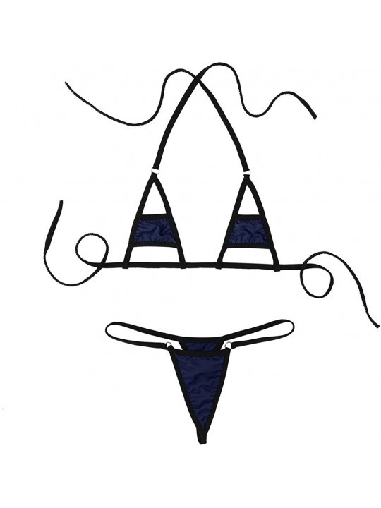 Sets Women's Metallic Sliding Top & Thong G-String Babydoll Bikini Swimsuit - Navy Blue - CO18U7A3EDM $24.81