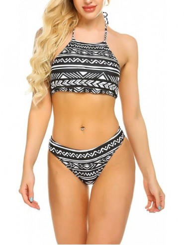 Sets Womens Forest Leaves Printing High Neck Halter Bikini Set Swimsuit XS-XXL - Pat3 - CP18RWLAY3L $43.91