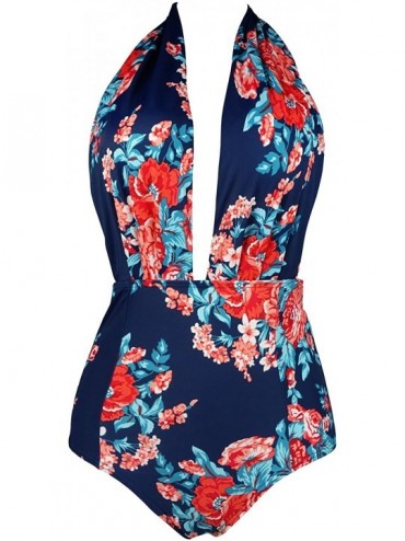One-Pieces Retro One Piece Backless Bather Swimsuit High Waisted Pin Up Swimwear(FBA) - Floral Red - CF17YKHGLRC $46.95