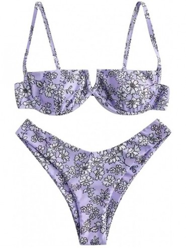 Sets Women Flower Printed High Cut V Wired Bikini Swimwear Swimsuit Beachwear - A-purple - CA196SZQ7GZ $23.46