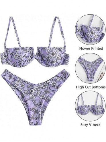Sets Women Flower Printed High Cut V Wired Bikini Swimwear Swimsuit Beachwear - A-purple - CA196SZQ7GZ $10.28