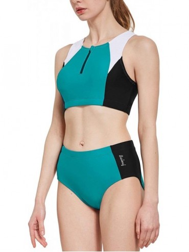 One-Pieces Women's Workout Bikini Set Two Piece Training Swimsuit Zipper Athletic Rash Guard - Green/Black/White - CU194439MW...
