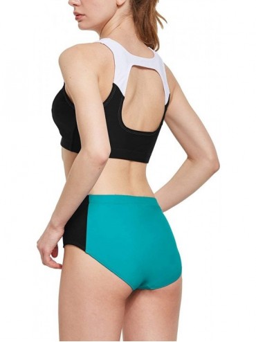 One-Pieces Women's Workout Bikini Set Two Piece Training Swimsuit Zipper Athletic Rash Guard - Green/Black/White - CU194439MW...