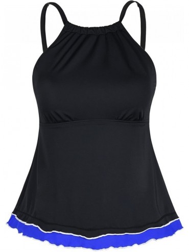 Tankinis Women's Swimsuit High Neck Tankini Top Contrast Color Layer Ruffled Hem Swimwear - Black & Blue - C918G4QNC4I $28.43