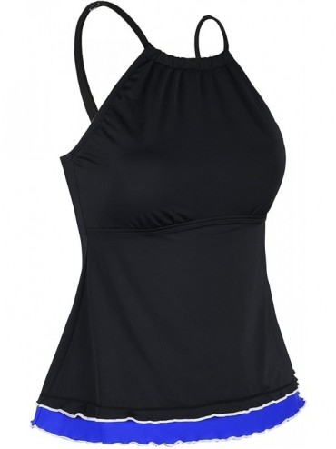 Tankinis Women's Swimsuit High Neck Tankini Top Contrast Color Layer Ruffled Hem Swimwear - Black & Blue - C918G4QNC4I $28.43