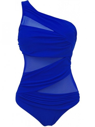 One-Pieces Women's One Piece Swimsuits One Shoulder Plus Size Swimwear Bathing Suit with See Through Mesh Style - Blue - CW12...