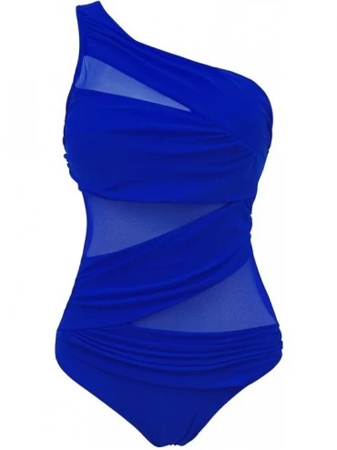 One-Pieces Women's One Piece Swimsuits One Shoulder Plus Size Swimwear Bathing Suit with See Through Mesh Style - Blue - CW12...