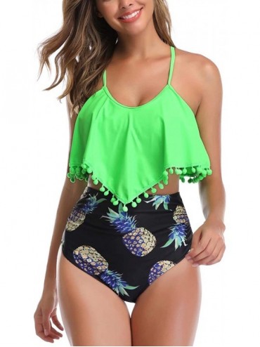 Tankinis High Waisted Swimsuit Flounce Swimwear Ruffle Tassel Vintage Two Piece Bikini - Green Top Black Pineapple Bottom - C...