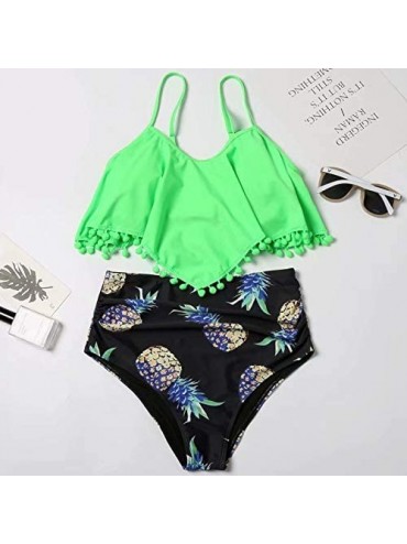 Tankinis High Waisted Swimsuit Flounce Swimwear Ruffle Tassel Vintage Two Piece Bikini - Green Top Black Pineapple Bottom - C...