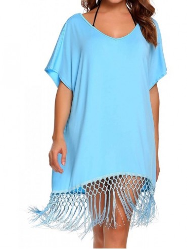 Cover-Ups Women's Summer Swimwear Short Sleeve Tassel Loose Tunic Cover up/Beach Dress - Sky Blue - CO184T27O56 $28.36