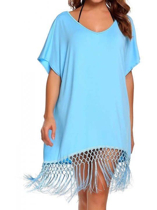 Cover-Ups Women's Summer Swimwear Short Sleeve Tassel Loose Tunic Cover up/Beach Dress - Sky Blue - CO184T27O56 $28.36