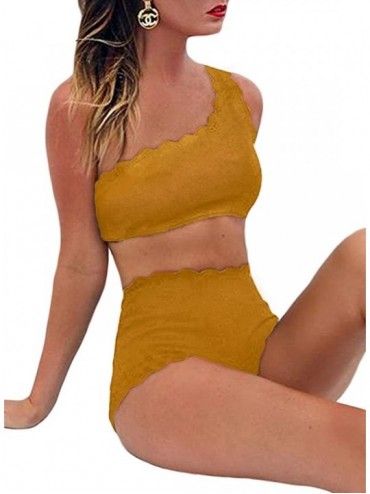 Sets Women's Two Pieces Wavy Edge One Shoulder Bikini Set High Waist Scalloped Swimsuits - Yellow - C419CDTC505 $19.85