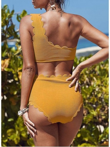 Sets Women's Two Pieces Wavy Edge One Shoulder Bikini Set High Waist Scalloped Swimsuits - Yellow - C419CDTC505 $19.85