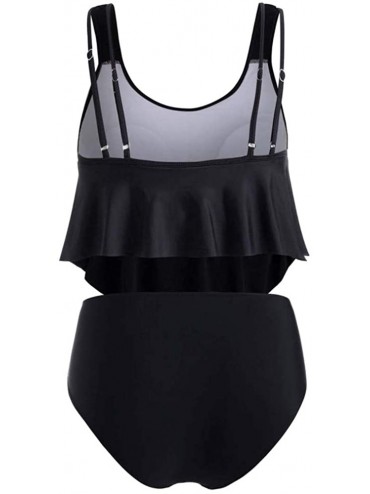 Racing Summer Women's Floral Applique Flounce Tummy Control Tankini Swimwear - Black - C6198QKHRWD $23.16