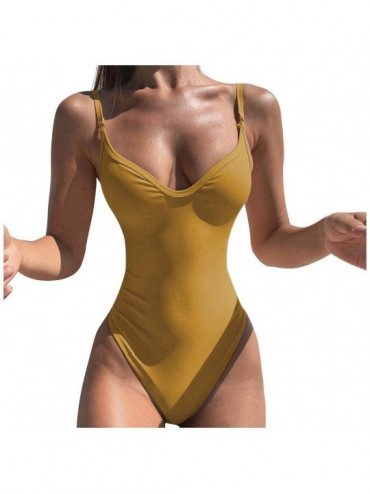 One-Pieces Women Sexy Pure Color Swimsuit Beach Bikini One Piece Swimwear Tight Fitting Jumpsuit - Yellow - CE194Q65N83 $30.78