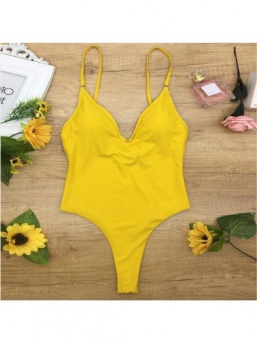 One-Pieces Women Sexy Pure Color Swimsuit Beach Bikini One Piece Swimwear Tight Fitting Jumpsuit - Yellow - CE194Q65N83 $18.63