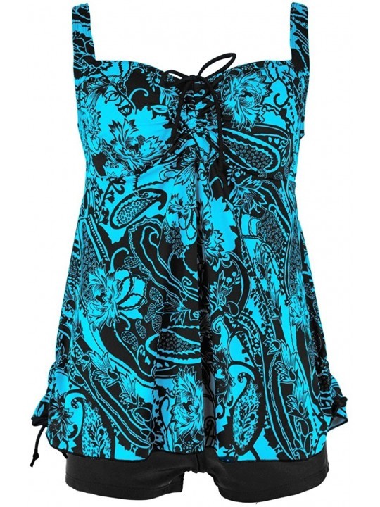 Sets Women's Plus Size Swimwear Floral Tankini Set Drawtring Modest Two Piece Swimsuit - Lake Blue Floral - CH12GBO5GEZ $36.68