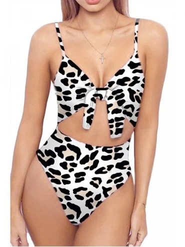 One-Pieces Women's Spaghetti Strap Tie Knot Front Cut Out High Waist One Piece Swimsuits - Black Leopard - CK18QMUXXHY $37.55