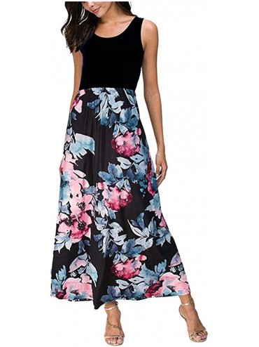 Board Shorts 2018 Women Sleeveless Floral Print Maxi Long Dress with Pockets O-Neck Beach - Hot Pink - CF18SW3U082 $28.58