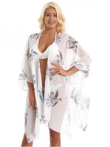 Cover-Ups Cover Up for Swimwear Women Floral Kimono Cardigan Shawl Half Sleeve Chiffon Summer Beach Bikini Blouse White Orchi...