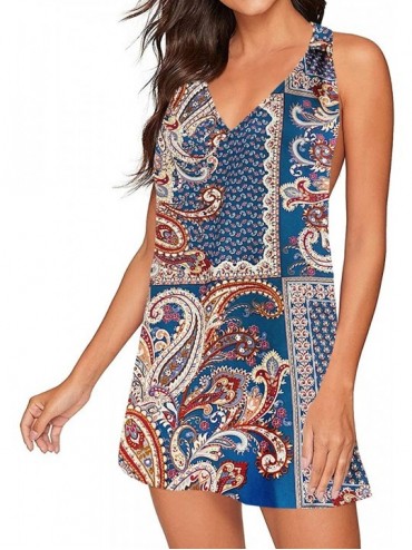 Cover-Ups Women's Floral V Neck Sleeveless Loose Tunic Tops Summer Shirt Dress - 2ethnic Style - C81904S7D3Y $24.83
