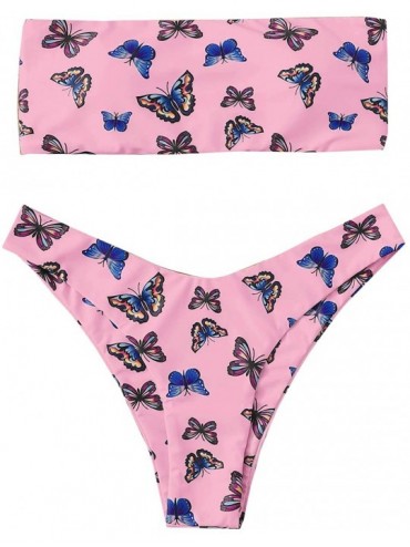 Sets Women's Sexy Bathing Suits Strapless Print Bandeau Bikini Swimwear Set - Pink-5 - C5199U80YD2 $37.51