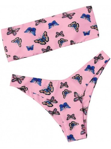 Sets Women's Sexy Bathing Suits Strapless Print Bandeau Bikini Swimwear Set - Pink-5 - C5199U80YD2 $22.41