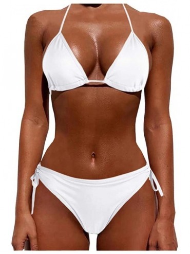 Bottoms Women's Sexy Solid Color Two Piece Padded Push Up with Tie Side Bottom Brazilian Swimsuit Bathing Suits - White - CM1...