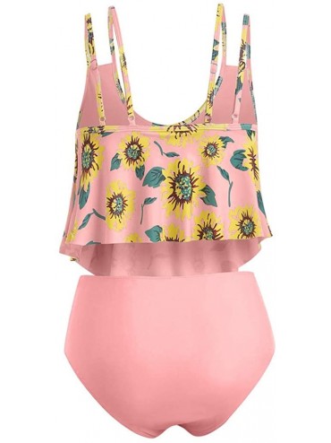 Sets Womens Sunflowers Swimsuits Two Pieces Bathing Suits Ruffled Top Racerback with High Waisted Bottom Tankini Set Pink - C...