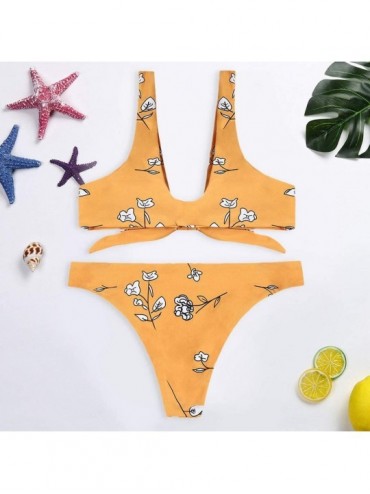 Sets Swimwear for Womens Sexy Swimming Two Piece Knotted Padded Thong Mid Waisted Scoop Beach Swimsuit Bikini 1011orange - CA...