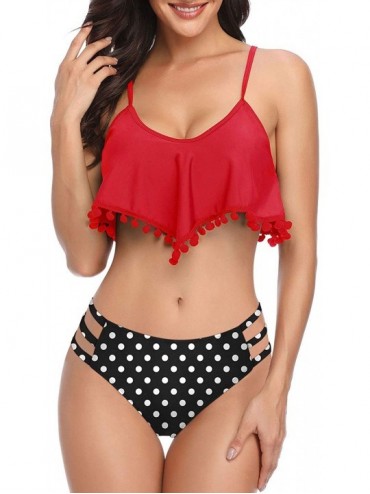 Sets Push Up Swimsuits for Women Bikini Ruffle Flounce Two Piece Bathing Suits Cutout Pom Poms Swimwear - Red - C5192SGQU9K $...