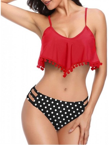 Sets Push Up Swimsuits for Women Bikini Ruffle Flounce Two Piece Bathing Suits Cutout Pom Poms Swimwear - Red - C5192SGQU9K $...