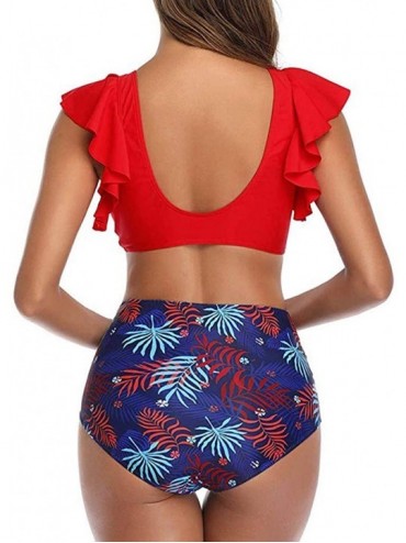 Sets Swimsuits for Women Tummy Control Two Piece Bathing Suit Top Tropical Ruffled Racerback High Waisted Tankini Z1 red - CX...