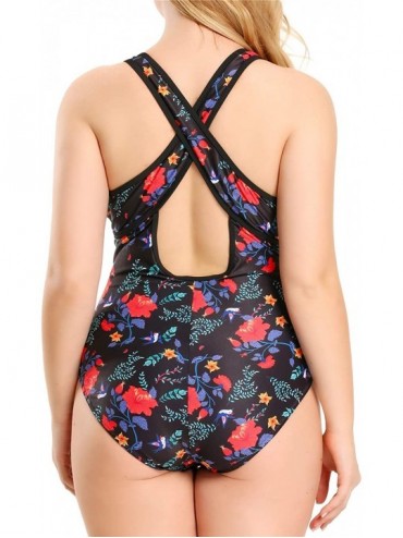 One-Pieces Women's Sexy Plus Size Black One Piece Swimsuit-Plunge Neckline wit. - Black Red - C819CLILDO7 $23.45