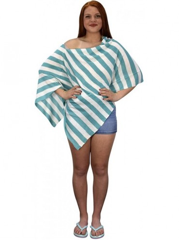 Cover-Ups Womens Boho Tunic Colorful Knit Poncho Cape Soft Striped Beach Cover up - Teal Stripe - CE17Z3L0A3I $18.74