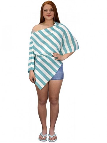 Cover-Ups Womens Boho Tunic Colorful Knit Poncho Cape Soft Striped Beach Cover up - Teal Stripe - CE17Z3L0A3I $7.70