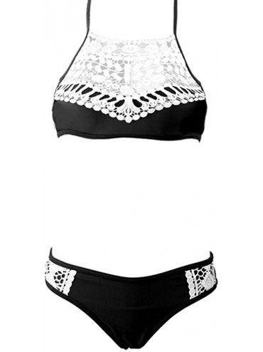 Sets Womens Halter Tankini Two Piece High Neck Bikini Boho Vintage Lace Crochet - Black - CI17Y07HZUM $39.75
