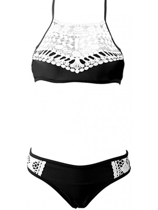 Sets Womens Halter Tankini Two Piece High Neck Bikini Boho Vintage Lace Crochet - Black - CI17Y07HZUM $22.20