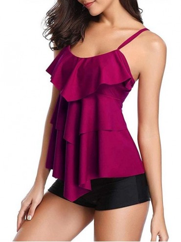 Sets Women's Tankini Set Ruffle Tummy Control Swimsuits Top Shorts Bathsuit - Hot Pink - CS196I9X4QD $30.92