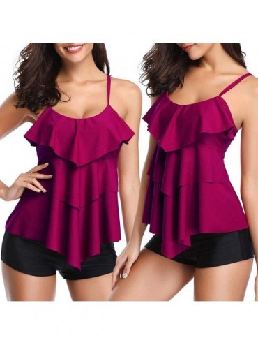 Sets Women's Tankini Set Ruffle Tummy Control Swimsuits Top Shorts Bathsuit - Hot Pink - CS196I9X4QD $20.08