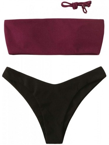 Sets Women's Sexy Bathing Suits Strapless Print Bandeau Bikini Swimwear Set - Red-black - CB194R05D6I $36.80