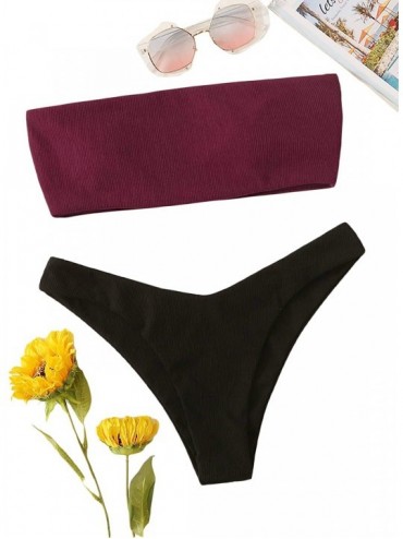Sets Women's Sexy Bathing Suits Strapless Print Bandeau Bikini Swimwear Set - Red-black - CB194R05D6I $20.67