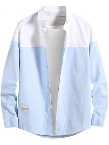 Rash Guards Long-Sleeved Tops- Men's Fashion Casual Stitching-Color Turn-Down Collar Shirt - Blue - CR18XU0HYHG $43.61