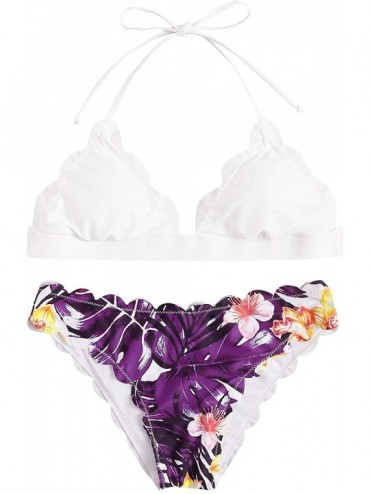 Sets Women's Sexy Bathing Suits Scallop Halter Bikini Top Floral Print Two Piece Swimsuits - Purple - C9192DZ30YW $44.59