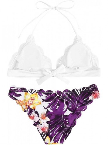 Sets Women's Sexy Bathing Suits Scallop Halter Bikini Top Floral Print Two Piece Swimsuits - Purple - C9192DZ30YW $27.22
